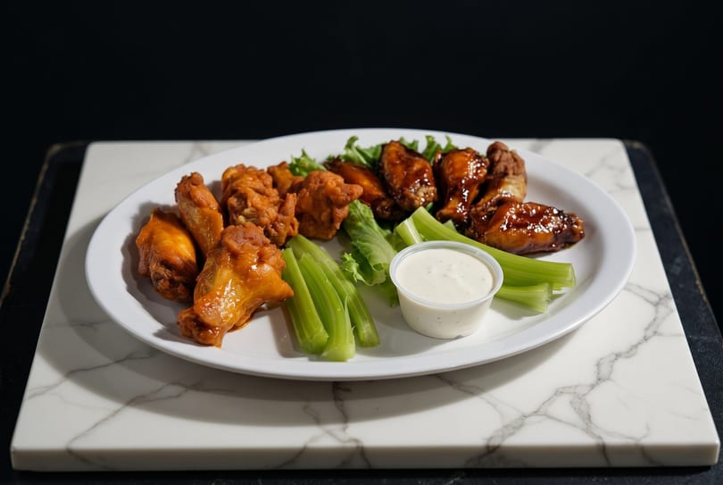 A white plate holds two kinds of chicken wings, celery sticks, lettuce, and a cup of ranch dressing.