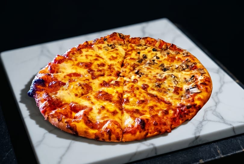 A whole, sliced pizza with melted cheese and mushrooms on a white marble board.
